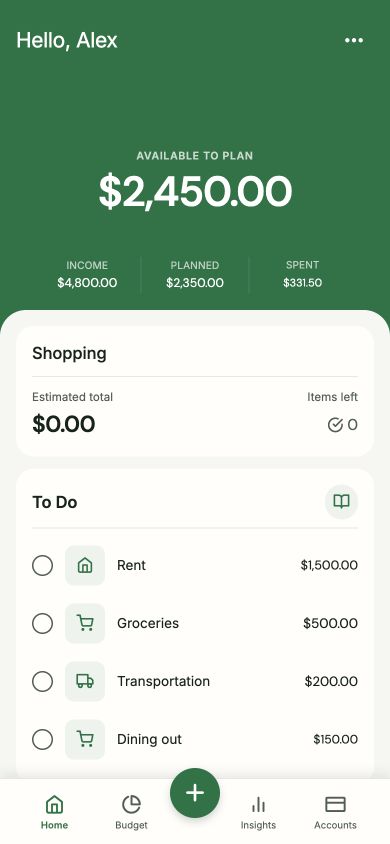 FinancierOne Home screen showing money available to plan and everyday tasks with demo data
